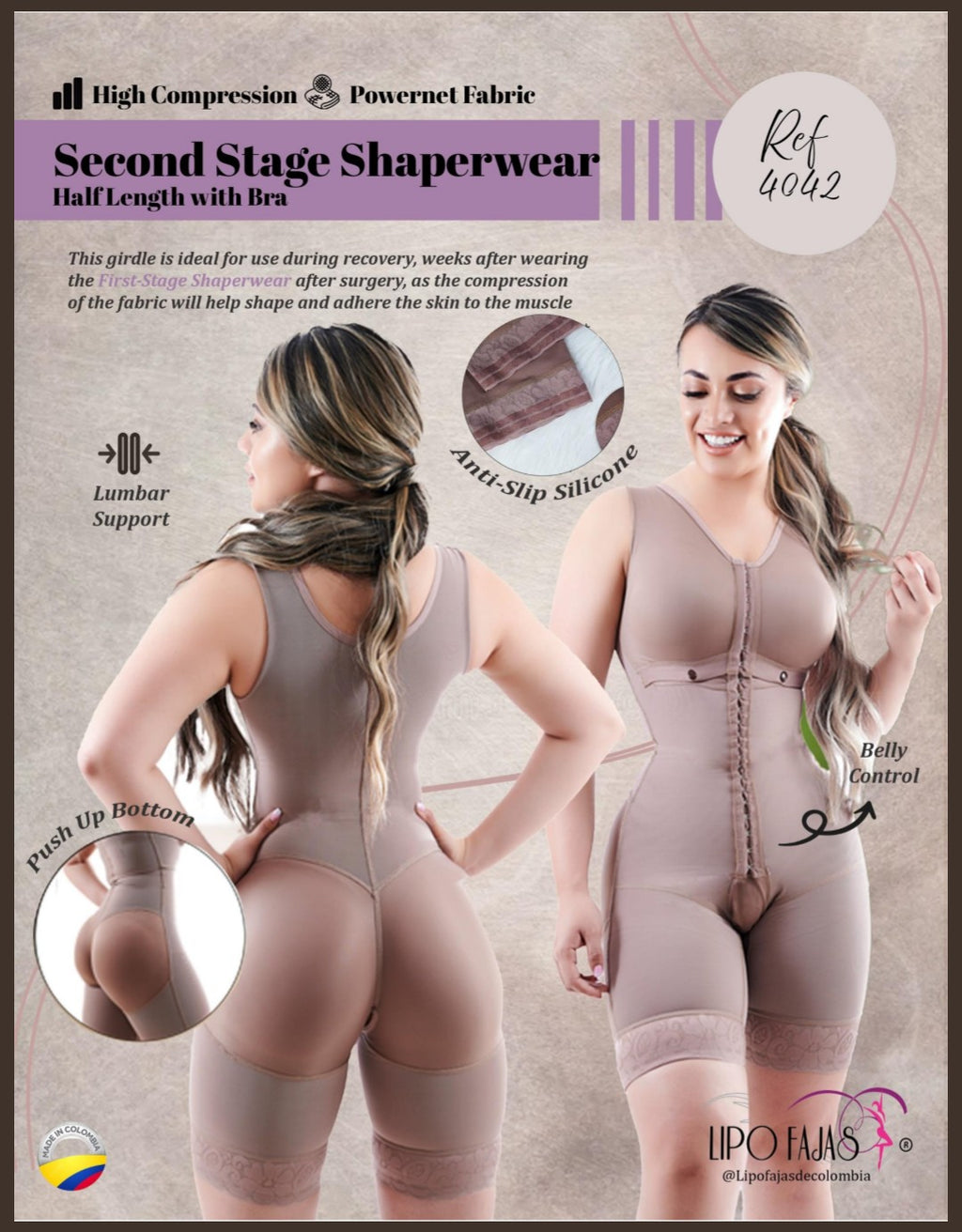 Advertisement for a shaperwear product with two models wearing it, highlighting features like compression fabric and waist control.