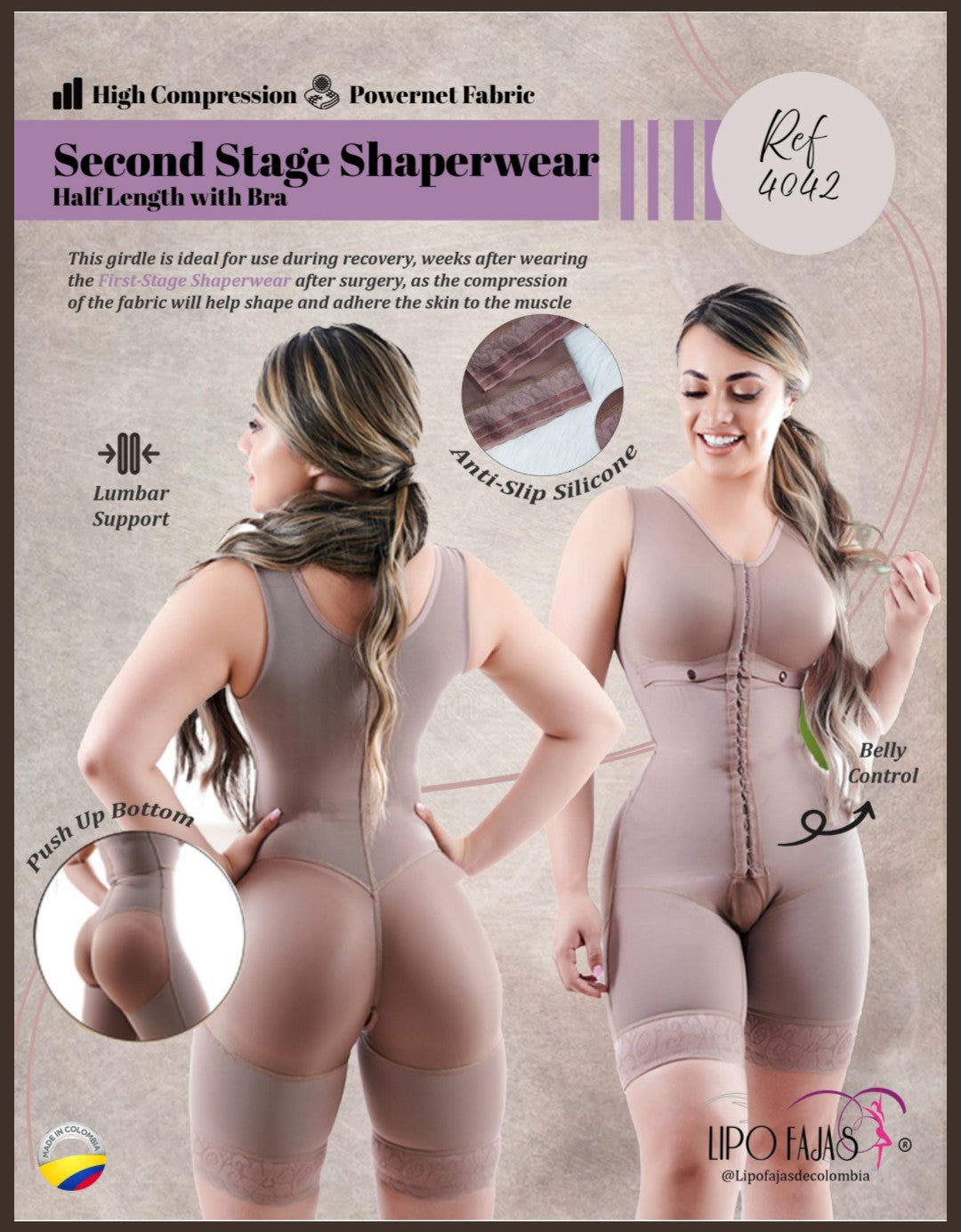 Advertisement for a shaperwear product with two models wearing it, highlighting features like compression fabric and waist control.