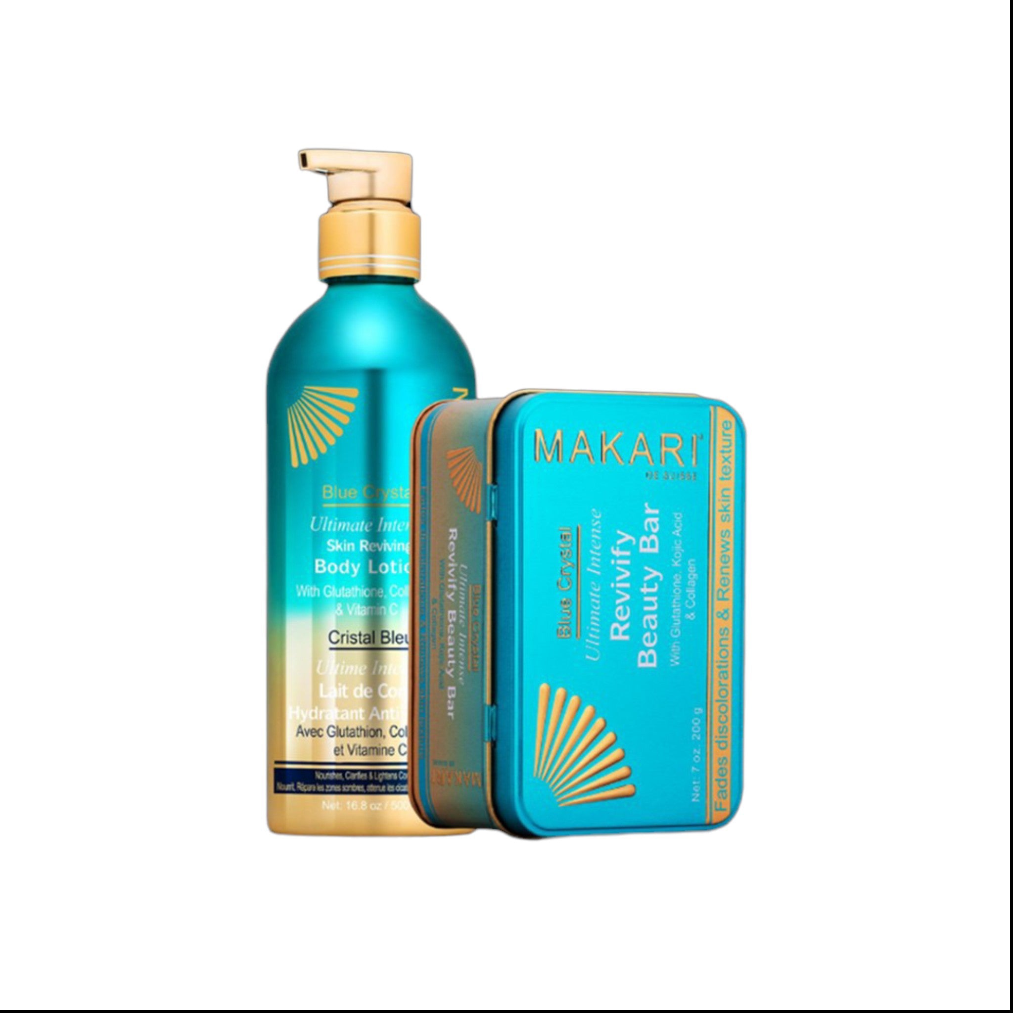 Makari Blue Crystal Ultimate Intense Skin Reviving Body Lotion 16.8 oz & Bar Soap 7 oz Set
