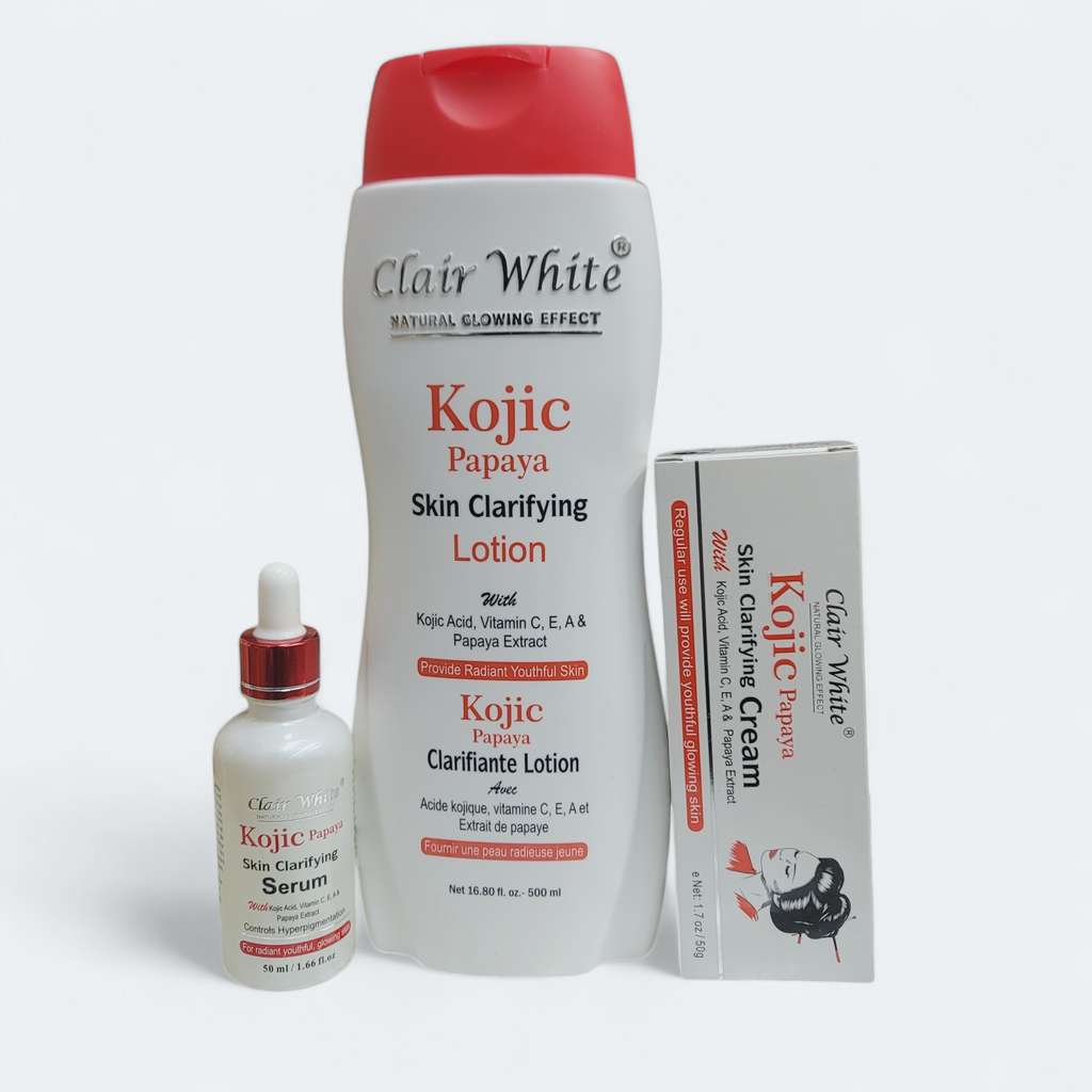 Clair White Kojic Papaya Skin Clarifying Lightening Lotion 500ml, Tube Cream 1.7oz, and Serum 1.66oz