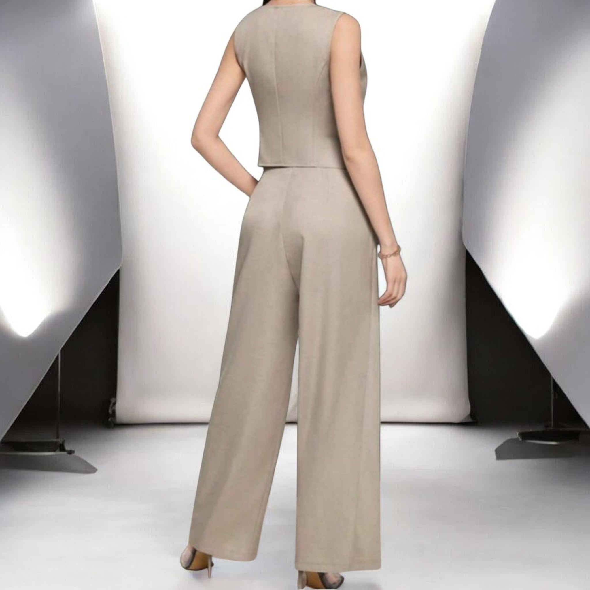 2-Piece Business Casual V Neck Vest and Wide Leg Pants Jumpsuit Size - S
