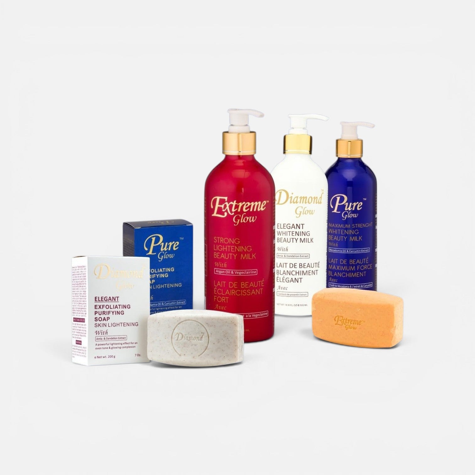 Bundle of Extreme Glow, Pure Glow, Diamond Glow Lotions, and Bar Soaps Skincare Set