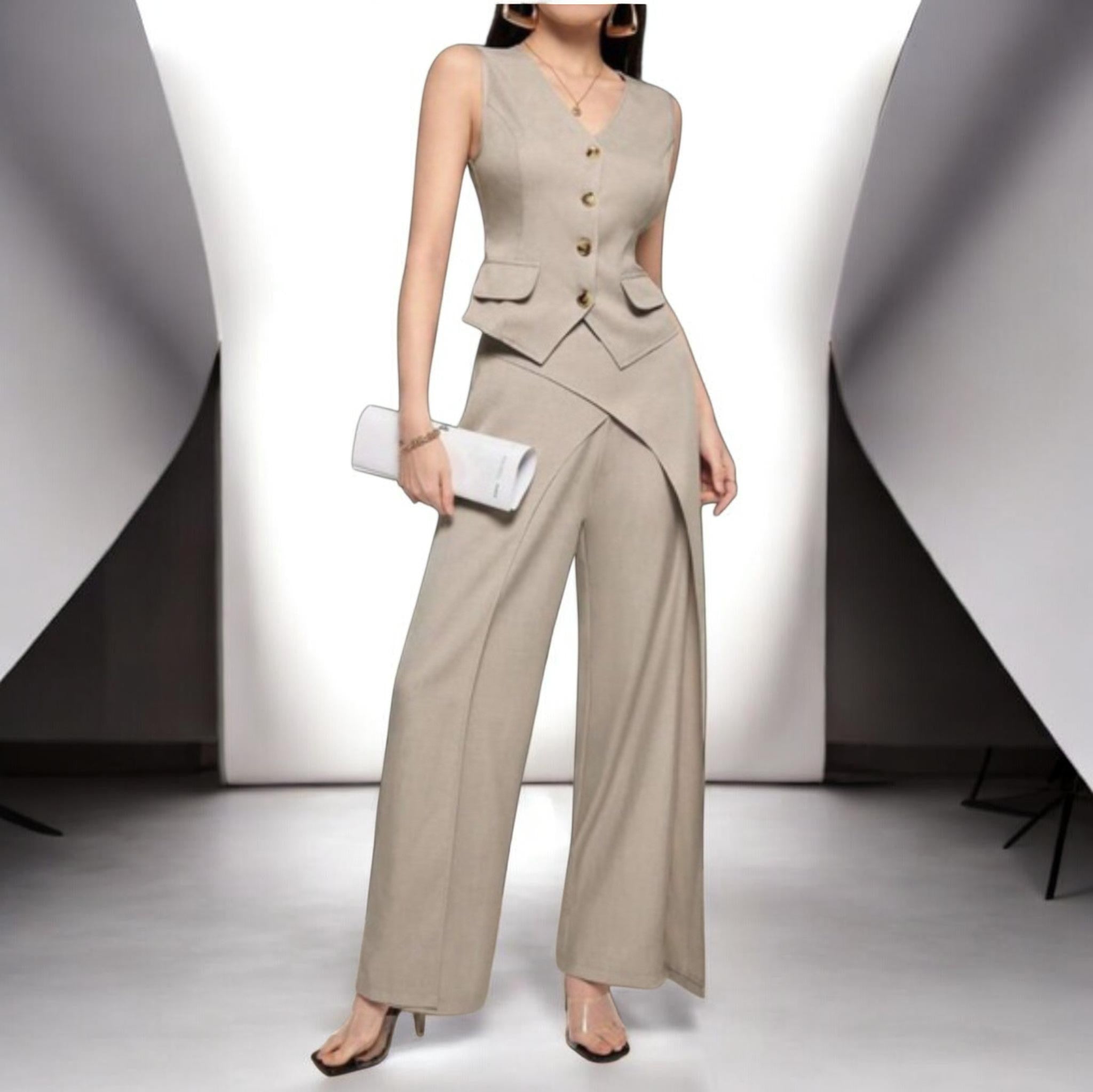 2-Piece Business Casual V Neck Vest and Wide Leg Pants Jumpsuit Size - S