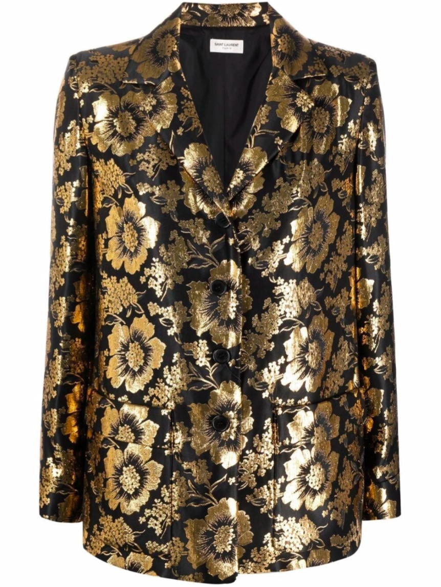 $3428 Saint Laurent Black Gold Floral Metallic Jacquard Blazer Jacket Size - 34 New
