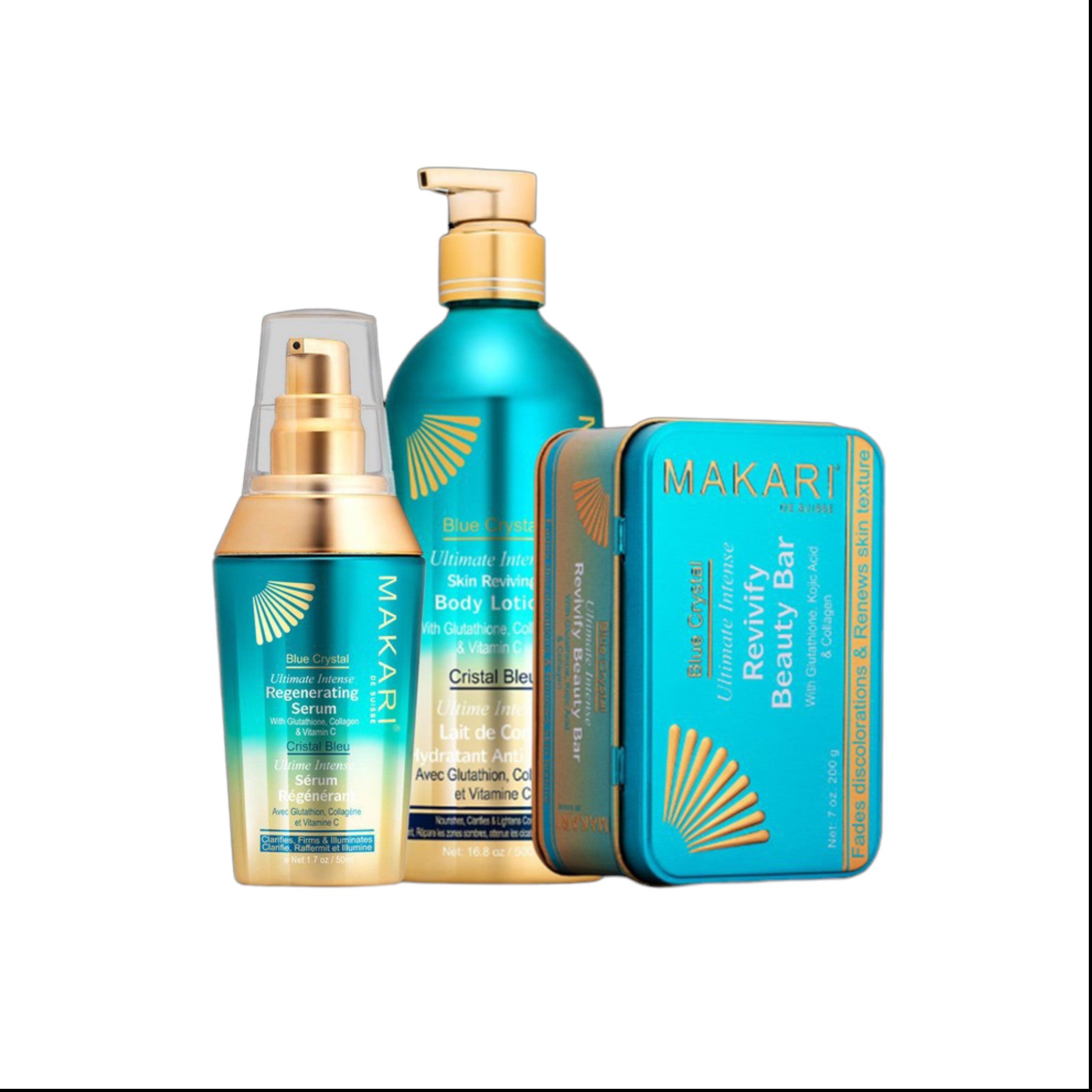 Makari Blue Crystal Ultimate Intense Skin Reviving Body Lotion 16.8 oz, Bar Soap 7 oz, & Serum 1.7oz Set