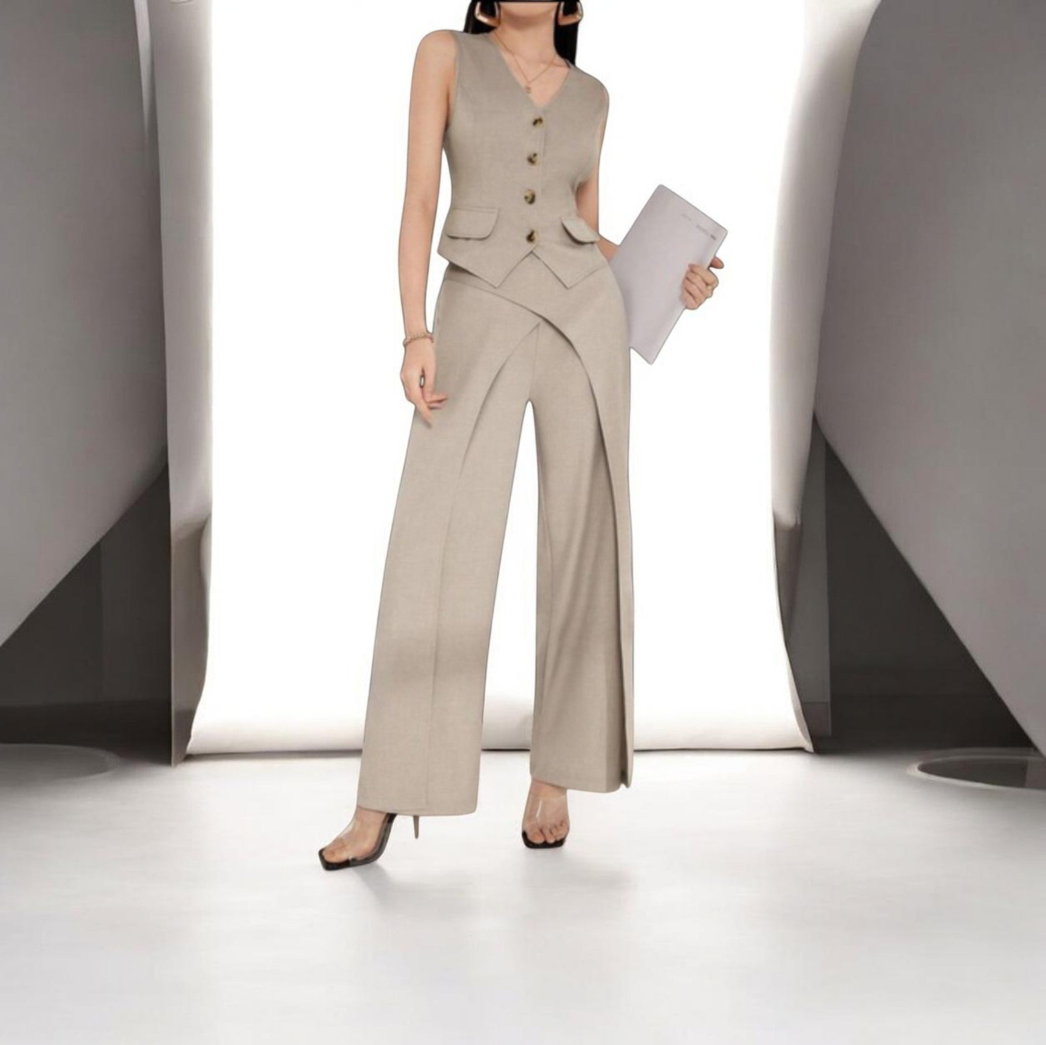 2-Piece Business Casual V Neck Vest and Wide Leg Pants Jumpsuit Size - S