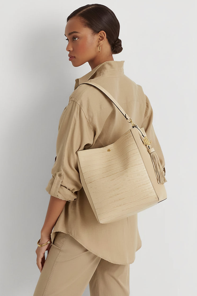 Ralph Lauren Medium Elegant Beige Croc-Embossed Tote Bag - NWT