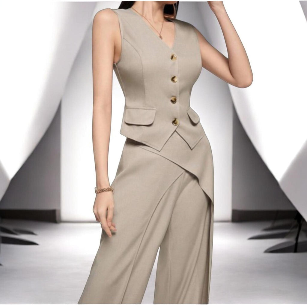 2-Piece Business Casual V Neck Vest and Wide Leg Pants Jumpsuit Size - S