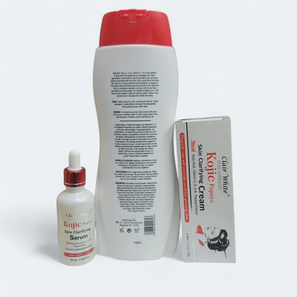 Clair White Kojic Papaya Skin Clarifying Lightening Lotion 500ml, Tube Cream 1.7oz, and Serum 1.66oz
