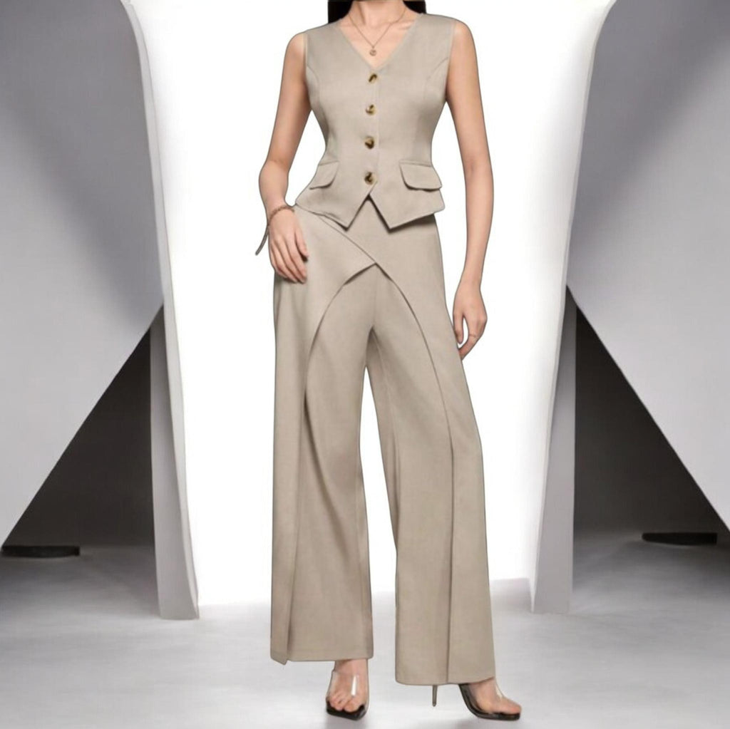 2-Piece Business Casual V Neck Vest and Wide Leg Pants Jumpsuit Size - S