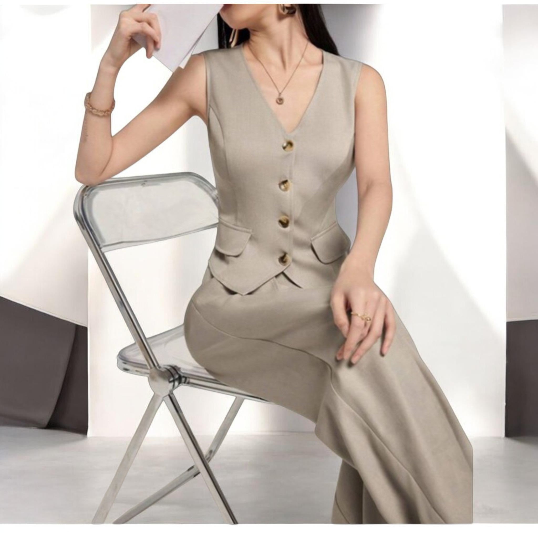 2-Piece Business Casual V Neck Vest and Wide Leg Pants Jumpsuit Size - S